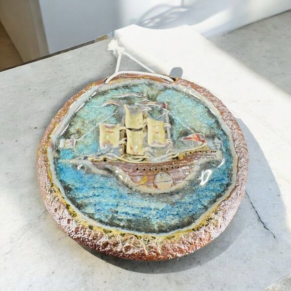 Hand Made Crystalline Glaze Pottery Wall Hanging Heavy Plate Dish Textured VTG - Picture 1 of 14
